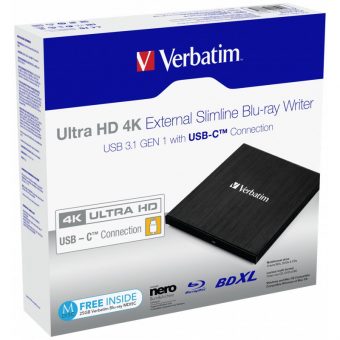 Verbatim Ultra HD 4K External Slimline Blu-Ray Writer USB 3.1 Gen1 Type-C 43888