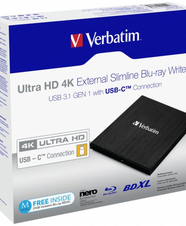 Verbatim Ultra HD 4K External Slimline Blu-Ray Writer USB 3.1 Gen1 Type-C 43888