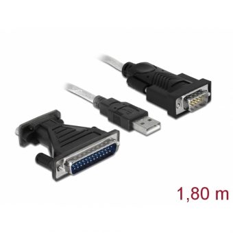 DeLock Adapter USB 2.0 Type-A Male - Serial DB9 RS232 Male + Adapter DB25 1.8m Black 61308