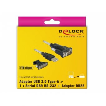 DeLock Adapter USB 2.0 Type-A Male - Serial DB9 RS232 Male + Adapter DB25 1.8m Black 61308 - Image 6