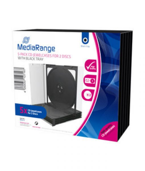 MediaRange CD Jewelcase for 2 Discs 10.4mm 5-Pack Transparent with Black Tray BOX31-2