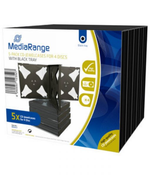 MediaRange CD Jewelcase for 4 Discs 22mm 5-Pack Transparent with Black Tray BOX34-4