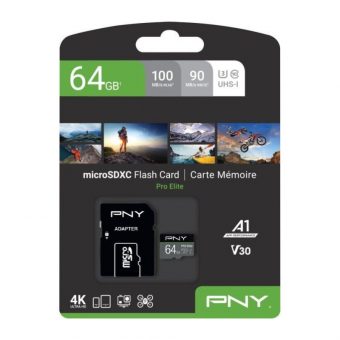 PNY Pro Elite R100 MicroSDXC 64GB UHS-I U3 A1 Class 10 + SD Adapter P-SDU64GV31100PRO-GE - Image 3