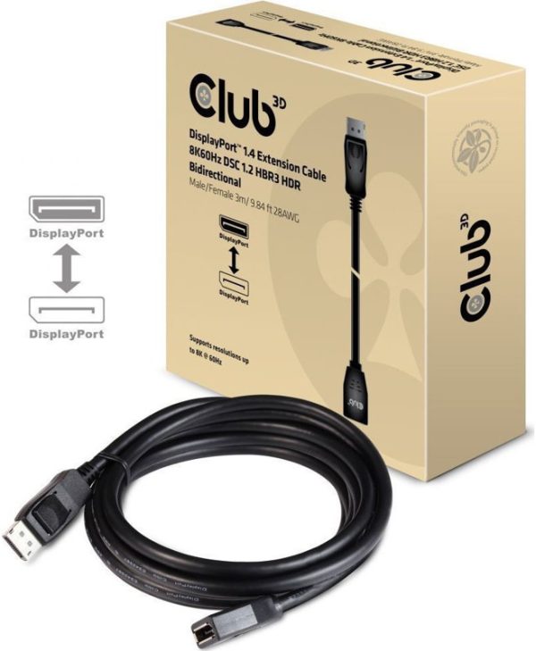 Club3D Cable Displayport 1.4 Male to Displayport 1.4 Female 3m Black CAC-1023