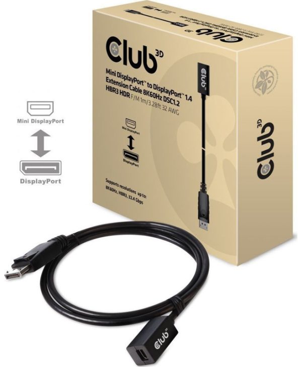 Club3D Cable Displayport 1.2 Male to Mini Displayport 1.4 Female 1m Black CAC-1120