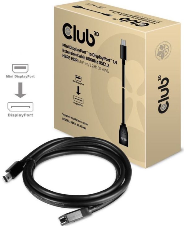 Club3D Cable Mini Displayport 1.4 Male to Displayport 1.2 Female 1m Black CAC-1121