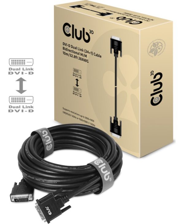 Club3D Cable DVI-D Male to DVI-D Male 10m Black CAC-1220