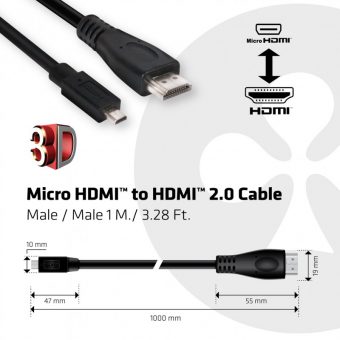 Club3D Cable Micro HDMI Male to HDMI 2.0 Male 1m Black CAC-1351 - Image 2