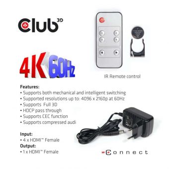 Club3D Adapter HDMI 2.0 UHD Switchbox 4-Port Black CSV-1370 - Image 4