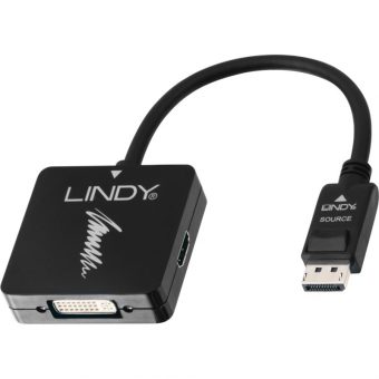 Lindy Display Port 1.2 Male To 1 x HDMI, 1x DVI-I, 1 x VGA Female Adapter 0.2m Black 41028