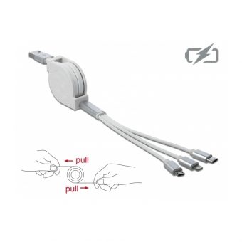 Delock USB 3 in 1 Retractable Charging Cable For Lightning 8 Pin/Micro USB/USB Type-C White 85850