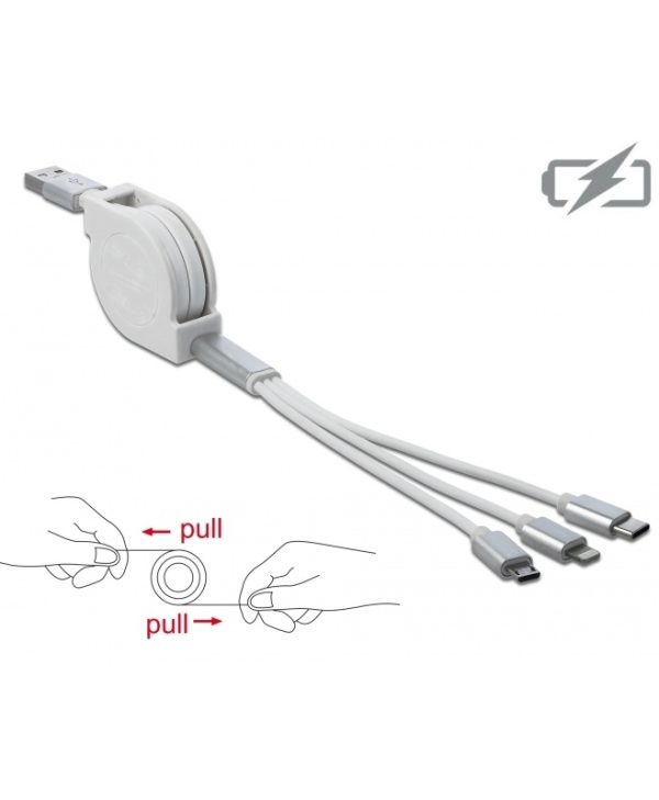 Delock USB 3 in 1 Retractable Charging Cable For Lightning 8 Pin/Micro USB/USB Type-C White 85850