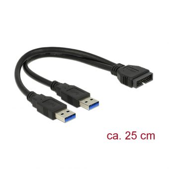 Delock Cable USB 3.0 Pin Header Male To 2 x USB 3.0 Type-A Male 25 cm Black 83910