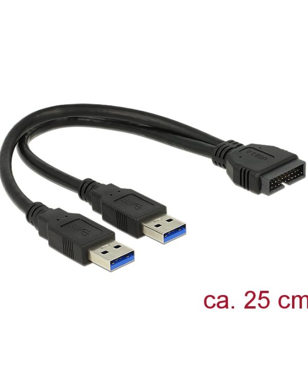 Delock Cable USB 3.0 Pin Header Male To 2 x USB 3.0 Type-A Male 25 cm Black 83910