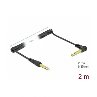 Delock Cable Coiled 6.35 mm Mono Jack Male To Mono Jack Male Angled 2m Black 85939