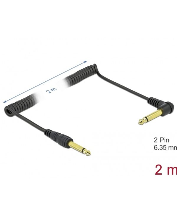 Delock Cable Coiled 6.35 mm Mono Jack Male To Mono Jack Male Angled 2m Black 85939