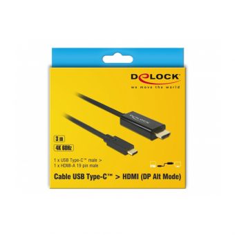 Delock Cable USB Type-C Male To HDMI Male (DisplayPort Alternative Mode) 4K 60Hz 3m Black 85292 - Image 3