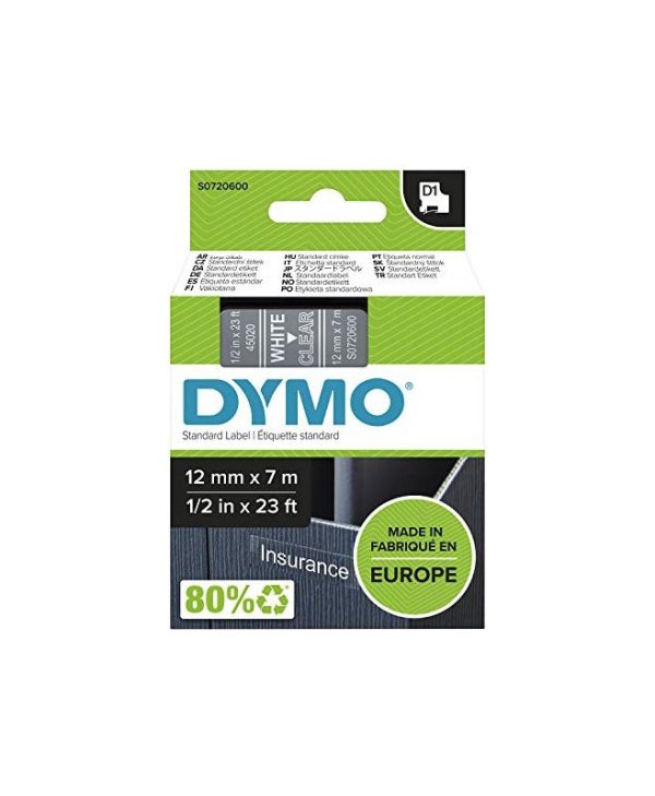 Dymo D1 45020 Standard Tape 12mmx7m White On Clear S0720600