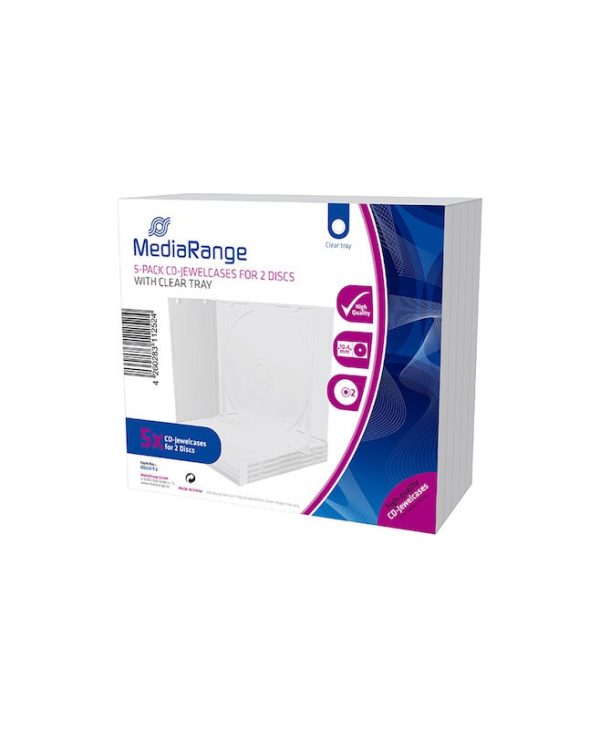 MediaRange CD Jewelcase for 2 Discs 10.4mm 5-Pack Transparent with Transparent Tray BOX31-T-2