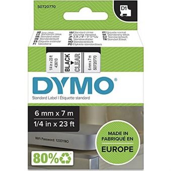 Dymo D1 43610 Labelling Tape 6mmx7m Black on Clear S0720770