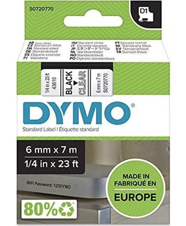 Dymo D1 43610 Labelling Tape 6mmx7m Black on Clear S0720770