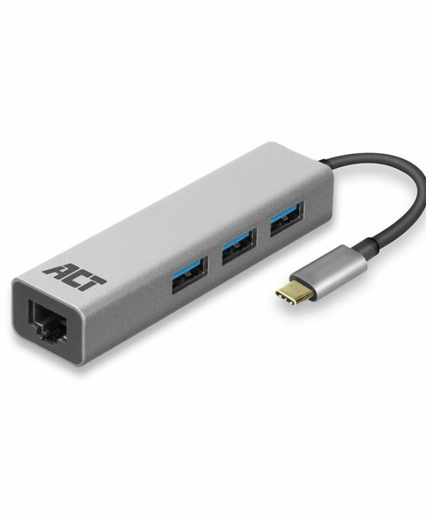 Intronics ACT USB-C 1-Port RJ45 Gigabit LAN 3-Port USB 3.2 HUB Silver AC7055