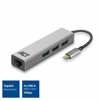 Intronics ACT USB-C 1-Port RJ45 Gigabit LAN 3-Port USB 3.2 HUB Silver AC7055 - Image 3