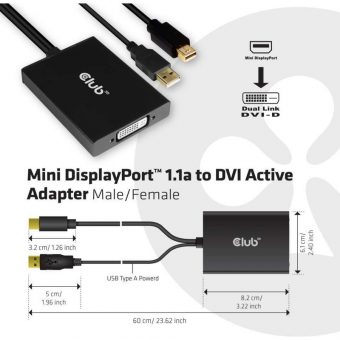 Club3D Adapter Active Mini DisplayPort 1.2a Male To DVI-D Female 0.6m Black CSV-1611 - Image 3