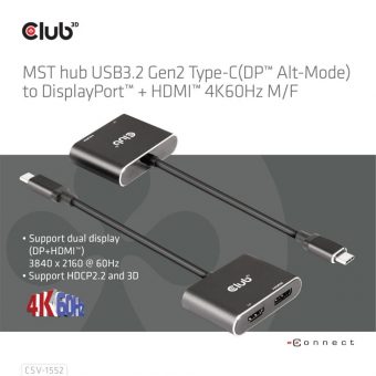 Club3D Adapter USB-C 3.2 Gen1 To DisplayPort 1.2 + HDMI 2.0 M/F Black CSV-1552 - Image 2