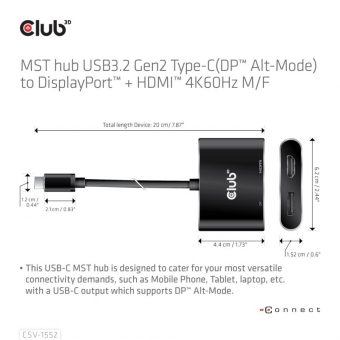 Club3D Adapter USB-C 3.2 Gen1 To DisplayPort 1.2 + HDMI 2.0 M/F Black CSV-1552 - Image 3
