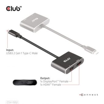 Club3D Adapter USB-C 3.2 Gen1 To DisplayPort 1.2 + HDMI 2.0 M/F Black CSV-1552 - Image 6
