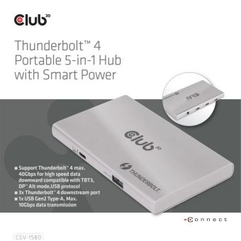 Club3D Hub Thunderbolt 4 Portable 5-In-1 Hub With Smart Power CSV-1580 - Image 2