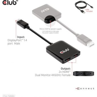 Club3D Adapter DisplayPort 1.4 To Dual HDMI 2.0 M/F Black CSV-7200H - Image 3