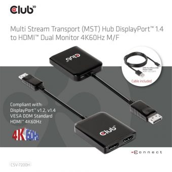 Club3D Adapter DisplayPort 1.4 To Dual HDMI 2.0 M/F Black CSV-7200H - Image 4