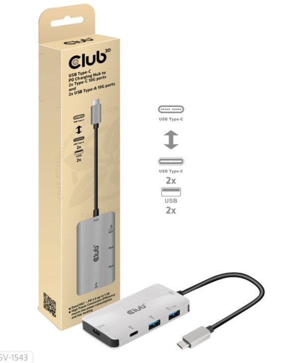 Club3D Hub USB-C 3.2 4-Port Charging Hub 2 x USB-C 3.2 + 2 x USB 3.2 CSV-1543