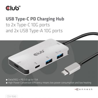 Club3D Hub USB-C 3.2 4-Port Charging Hub 2 x USB-C 3.2 + 2 x USB 3.2 CSV-1543 - Image 2