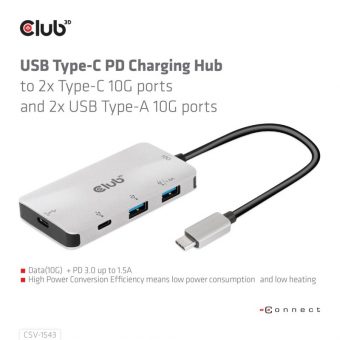 Club3D Hub USB-C 3.2 4-Port Charging Hub 2 x USB-C 3.2 + 2 x USB 3.2 CSV-1543 - Image 3