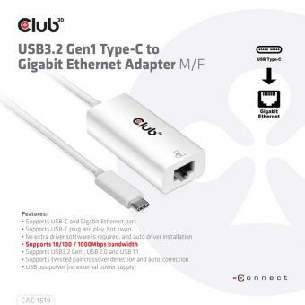 Club3D Adapter USB-C 3.2 Gen1 To Gigabit Ethernet White CAC-1519 - Image 2