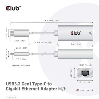 Club3D Adapter USB-C 3.2 Gen1 To Gigabit Ethernet White CAC-1519 - Image 3