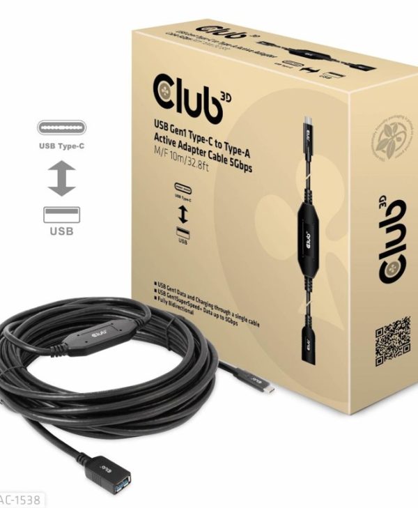 Club3D Cable USB-C 3.1 To USB-A 3.1 Active Adapter Cable M/F 10m Black CAC-1538