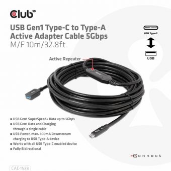 Club3D Cable USB-C 3.1 To USB-A 3.1 Active Adapter Cable M/F 10m Black CAC-1538 - Image 2