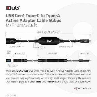 Club3D Cable USB-C 3.1 To USB-A 3.1 Active Adapter Cable M/F 10m Black CAC-1538 - Image 3