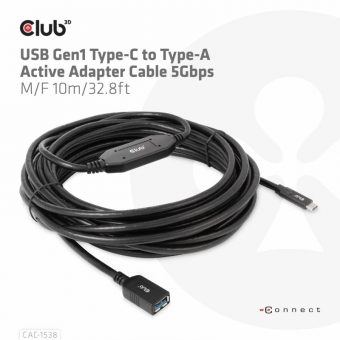 Club3D Cable USB-C 3.1 To USB-A 3.1 Active Adapter Cable M/F 10m Black CAC-1538 - Image 5
