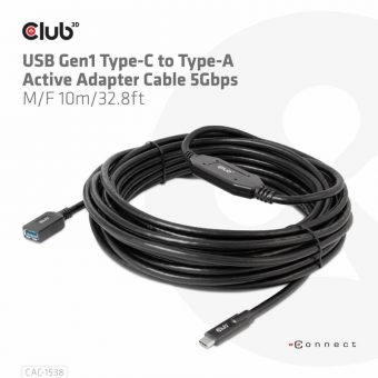 Club3D Cable USB-C 3.1 To USB-A 3.1 Active Adapter Cable M/F 10m Black CAC-1538 - Image 6