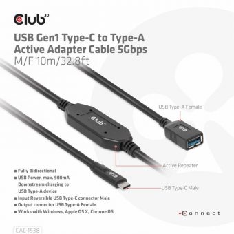 Club3D Cable USB-C 3.1 To USB-A 3.1 Active Adapter Cable M/F 10m Black CAC-1538 - Image 7