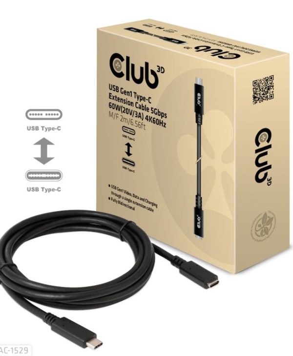 Club3D Cable USB-C 3.1 M/F With 60W PD 2m Black CAC-1529