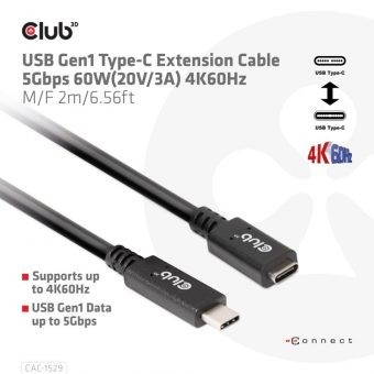 Club3D Cable USB-C 3.1 M/F With 60W PD 2m Black CAC-1529 - Image 2
