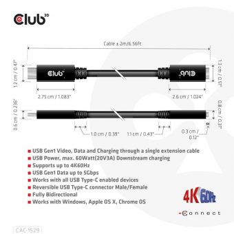 Club3D Cable USB-C 3.1 M/F With 60W PD 2m Black CAC-1529 - Image 3