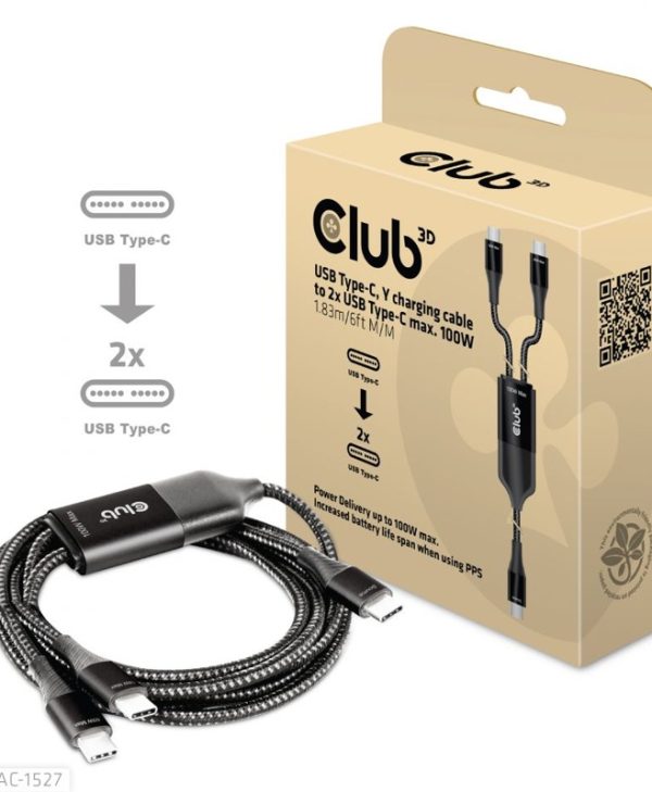 Club3D Cable USB-C 3.1 To 2 x USB-C 3.1 With 100W (Or 80W+18W) PD 1.8m Black CAC-1527