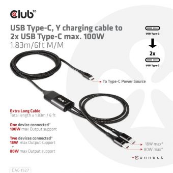 Club3D Cable USB-C 3.1 To 2 x USB-C 3.1 With 100W (Or 80W+18W) PD 1.8m Black CAC-1527 - Image 2